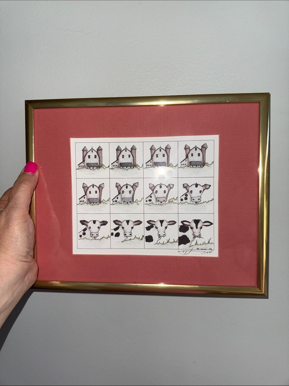 Vintage Framed Cow Sequence Art Print w/ Mat & Gold Frame by E. Halsey signed 88